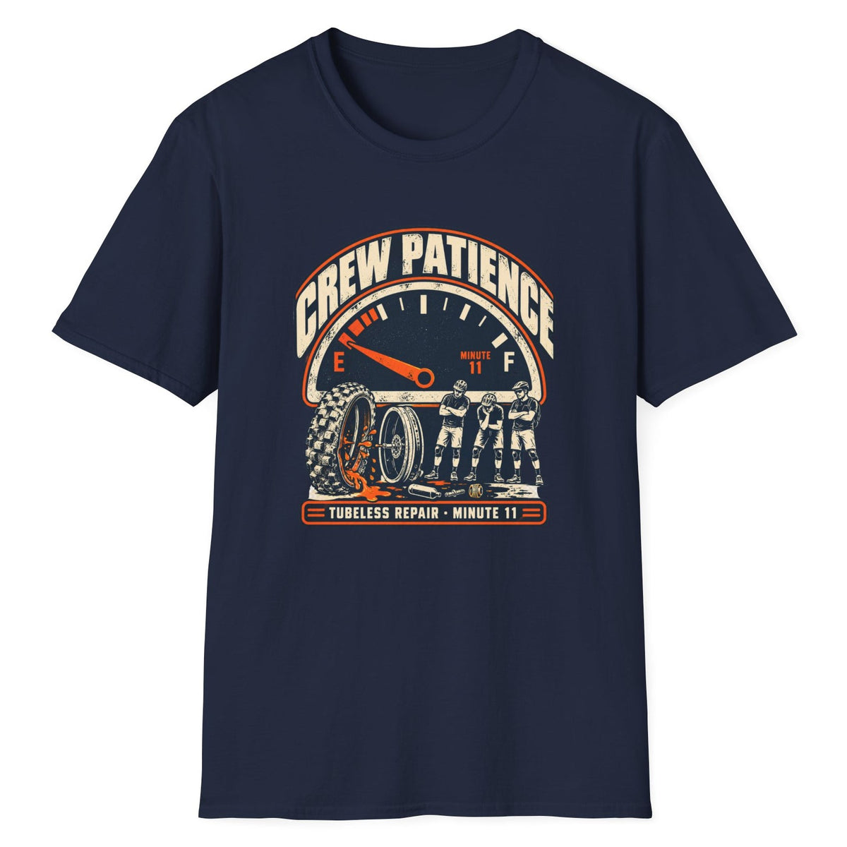Crew Patience funny mountain bike t-shirt in Navy — fuel gauge on empty above a leaking tire and three riders waiting with arms crossed, Tubeless Repair Minute 11