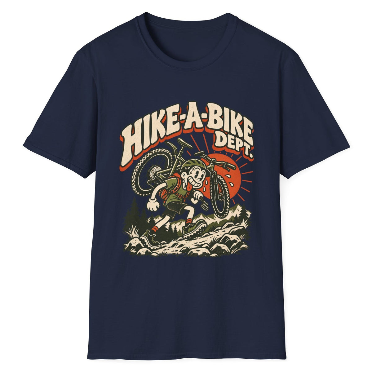 Hike-A-Bike Dept. retro cartoon mountain bike t-shirt in Navy — rubber-hose rider carrying a bike on the shoulders up a rocky trail under an orange sun