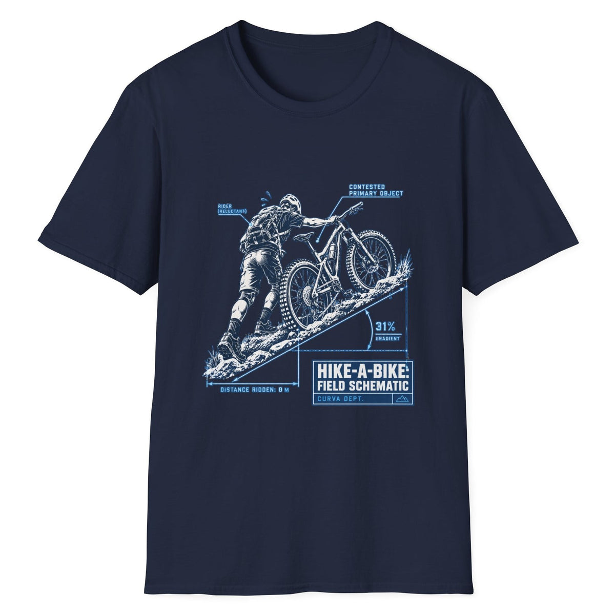 Hike-A-Bike Field Schematic funny mountain bike t-shirt in Navy — blueprint diagram of a rider pushing a bike up a 31% gradient, distance ridden 0 m
