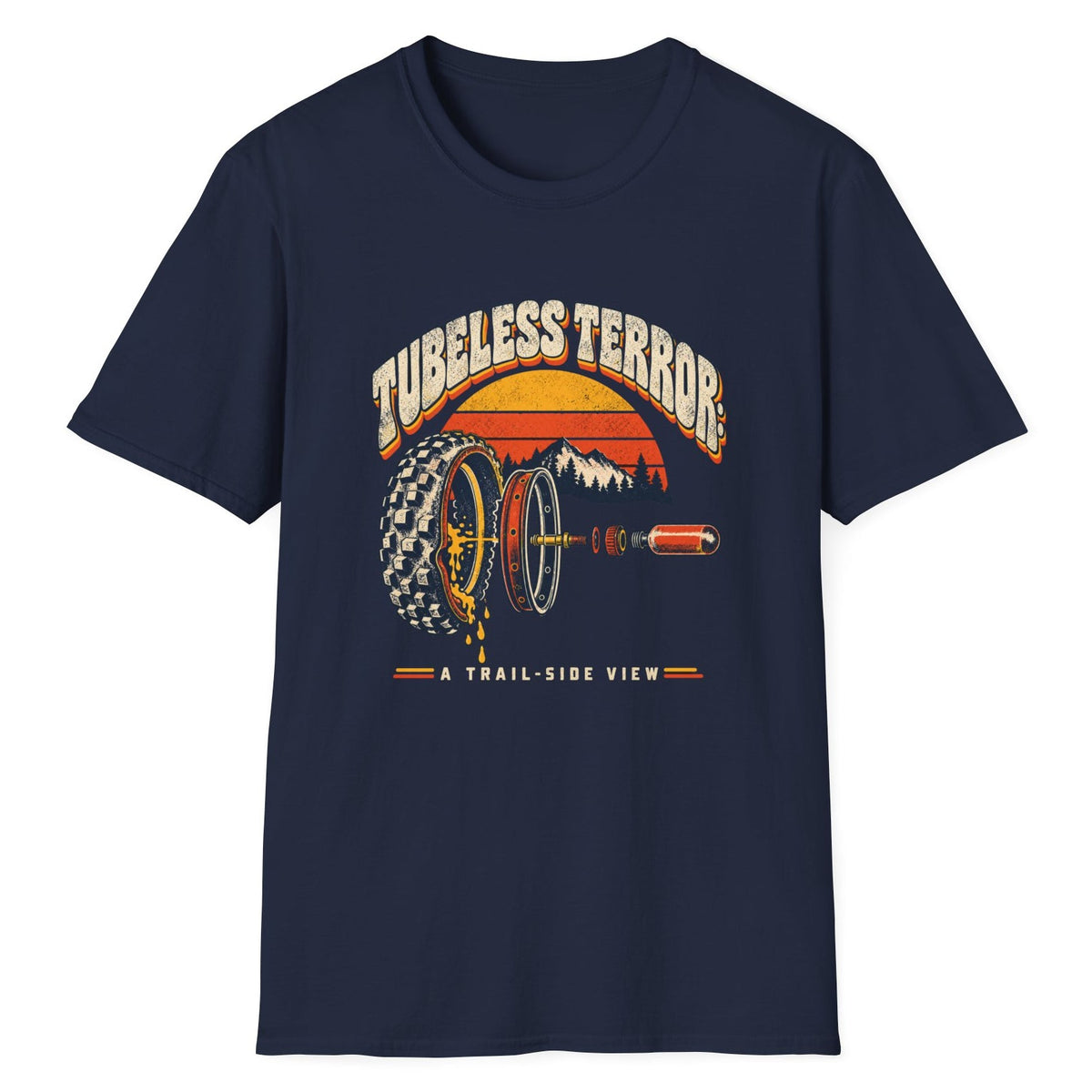 Tubeless Terror A Trail-Side View retro mountain bike t-shirt in Navy — 70s sunset over mountains with an exploded view of a leaking tubeless tire, rim and valve