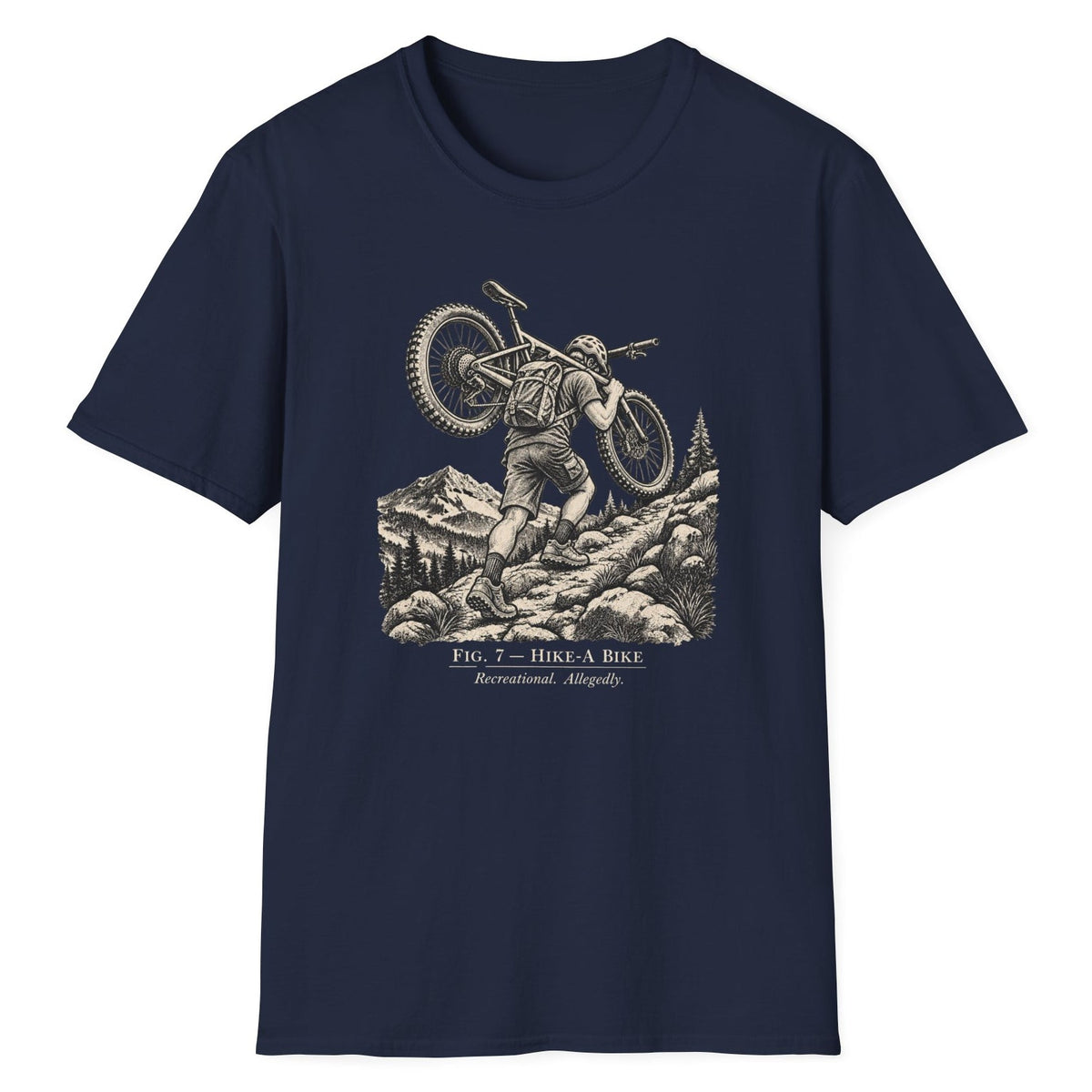 Fig. 7 Hike-A-Bike vintage mountain bike t-shirt in Navy — fine-line engraving of a rider carrying a bike up a rocky alpine trail