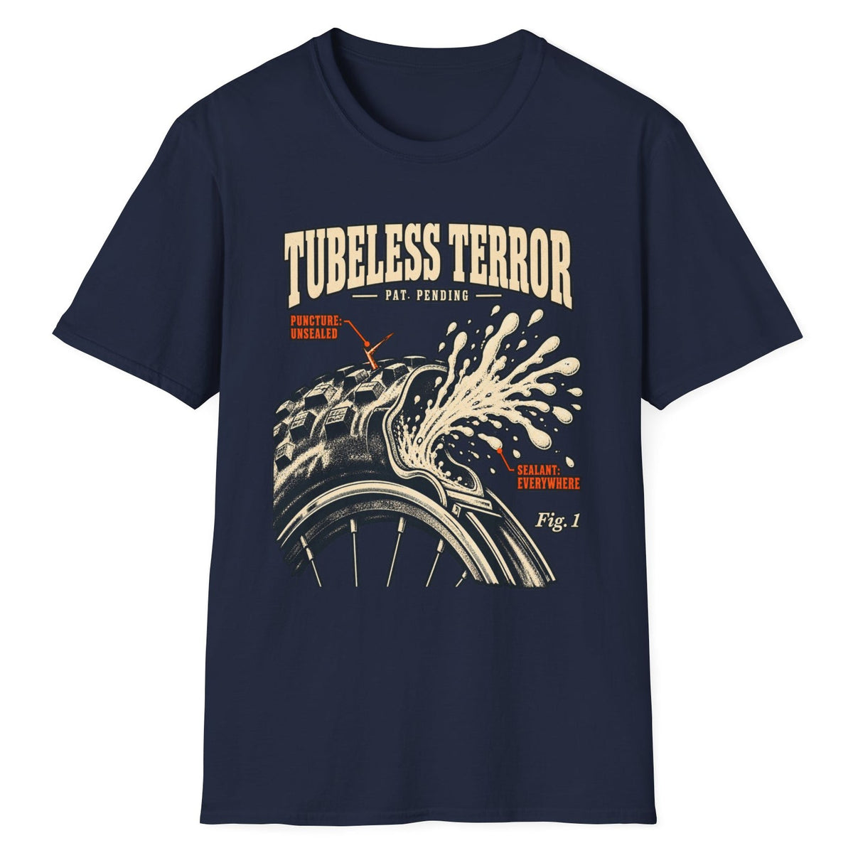 Tubeless Terror funny mountain bike t-shirt in Navy — vintage patent drawing of a tubeless tire spraying sealant, labelled Fig. 1