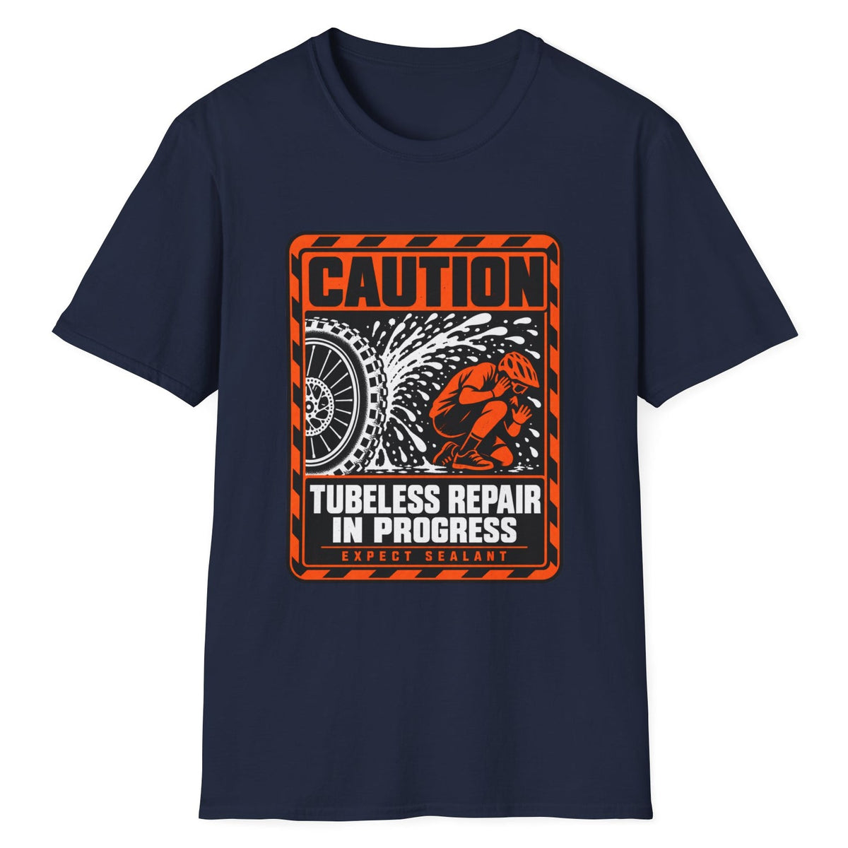 Caution Tubeless Repair In Progress funny mountain bike t-shirt in Navy — orange hazard sign with a tire spraying sealant at a crouching rider