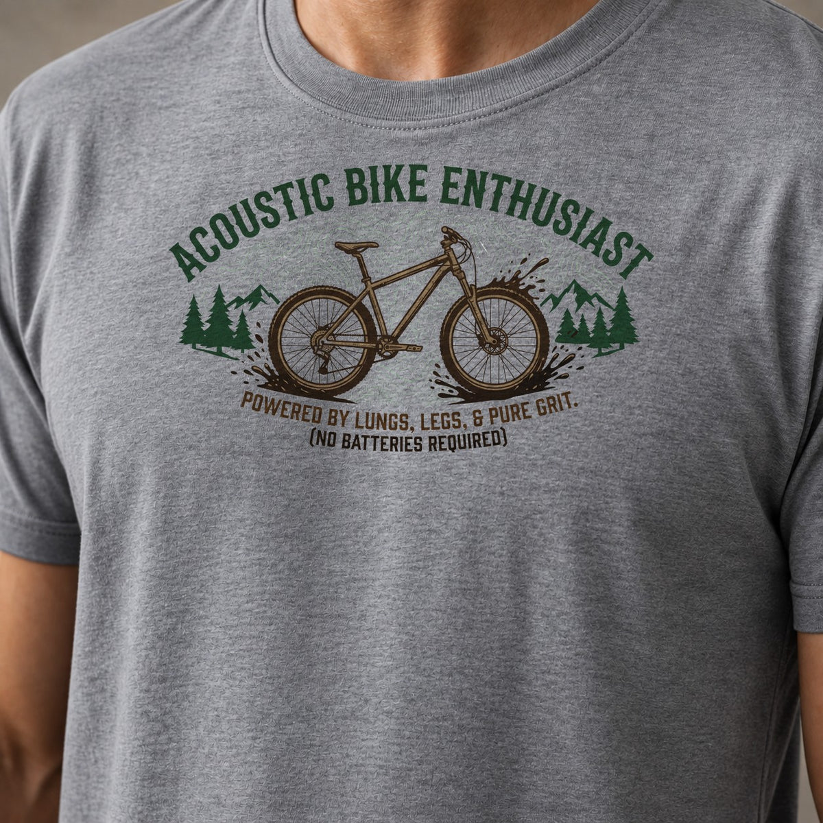 Acoustic bike 1 funny mountain bike t-shirt in Sport Grey — close-up of the print