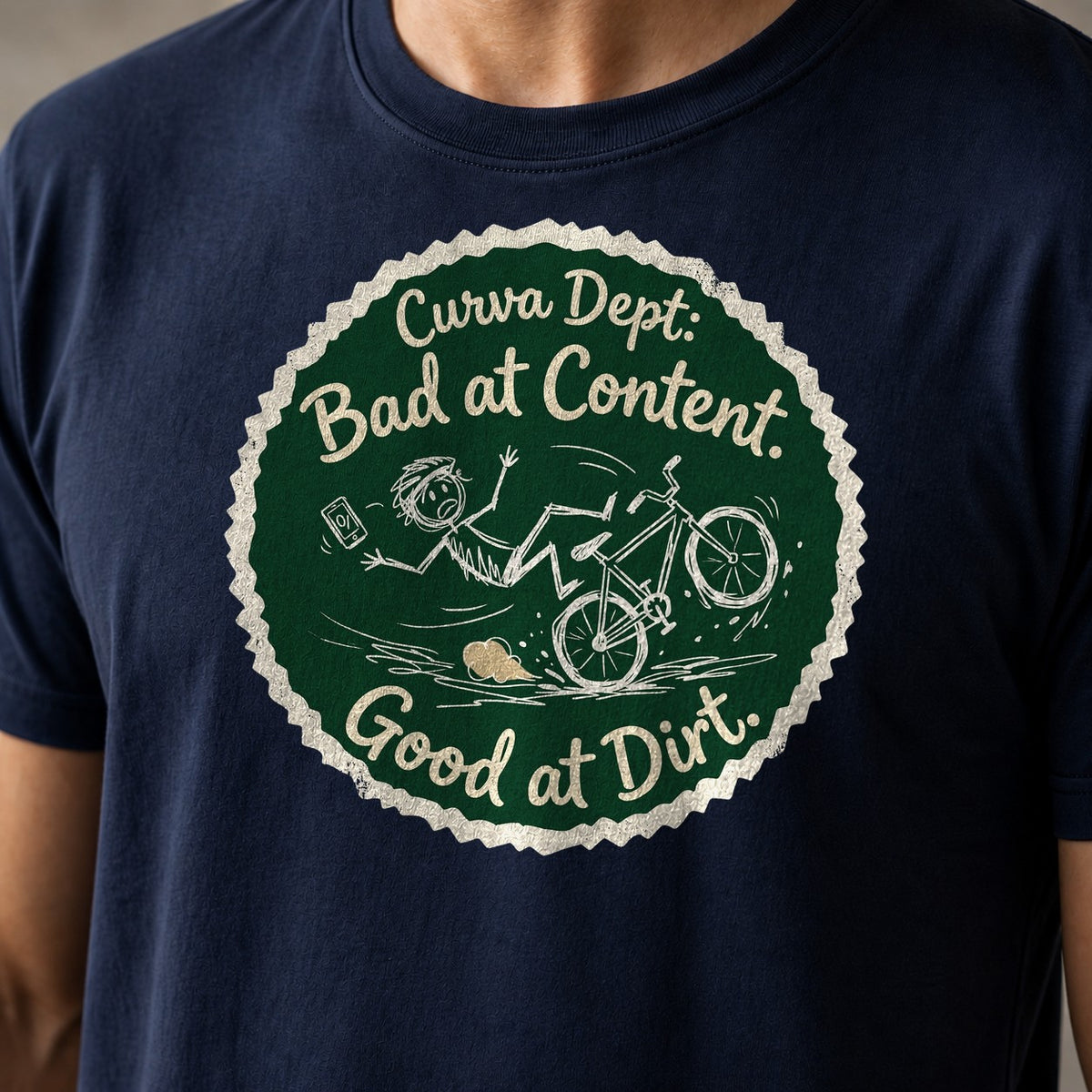 Bad At Content funny mountain bike t-shirt in Navy — close-up of the print