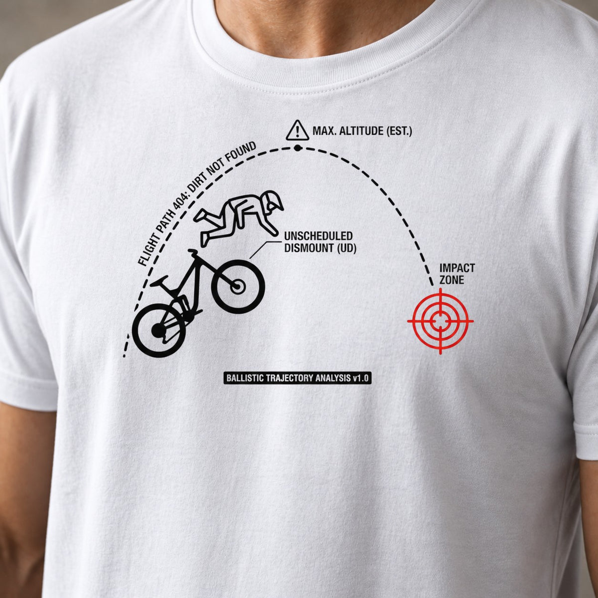 Ballistic Trajectory funny mountain bike t-shirt in White — close-up of the print