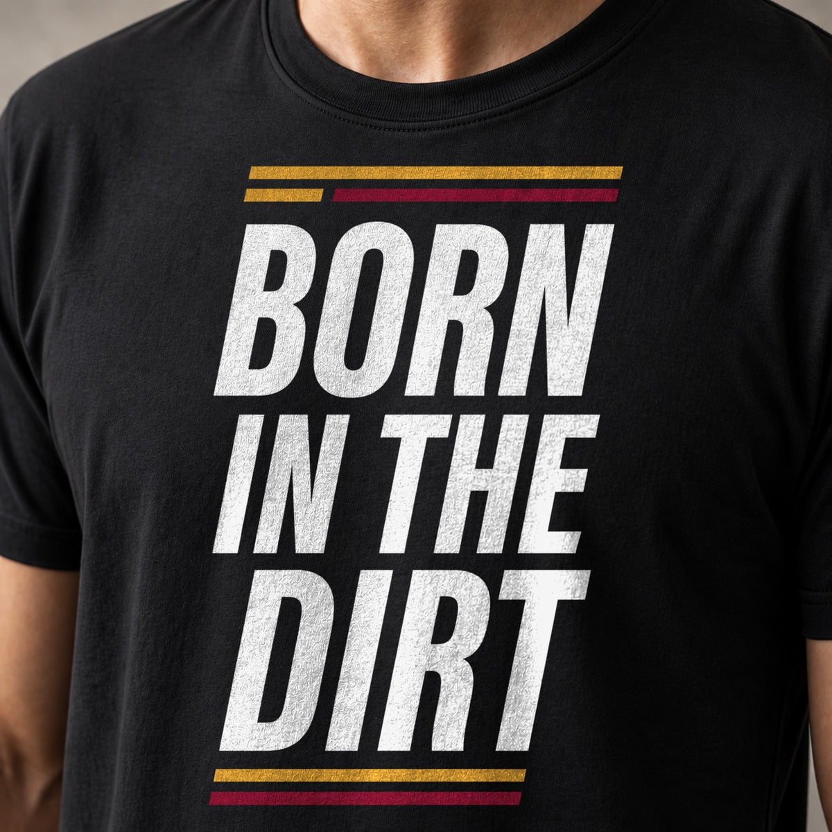 Born Dirt Gold funny mountain bike t-shirt in Black — close-up of the print