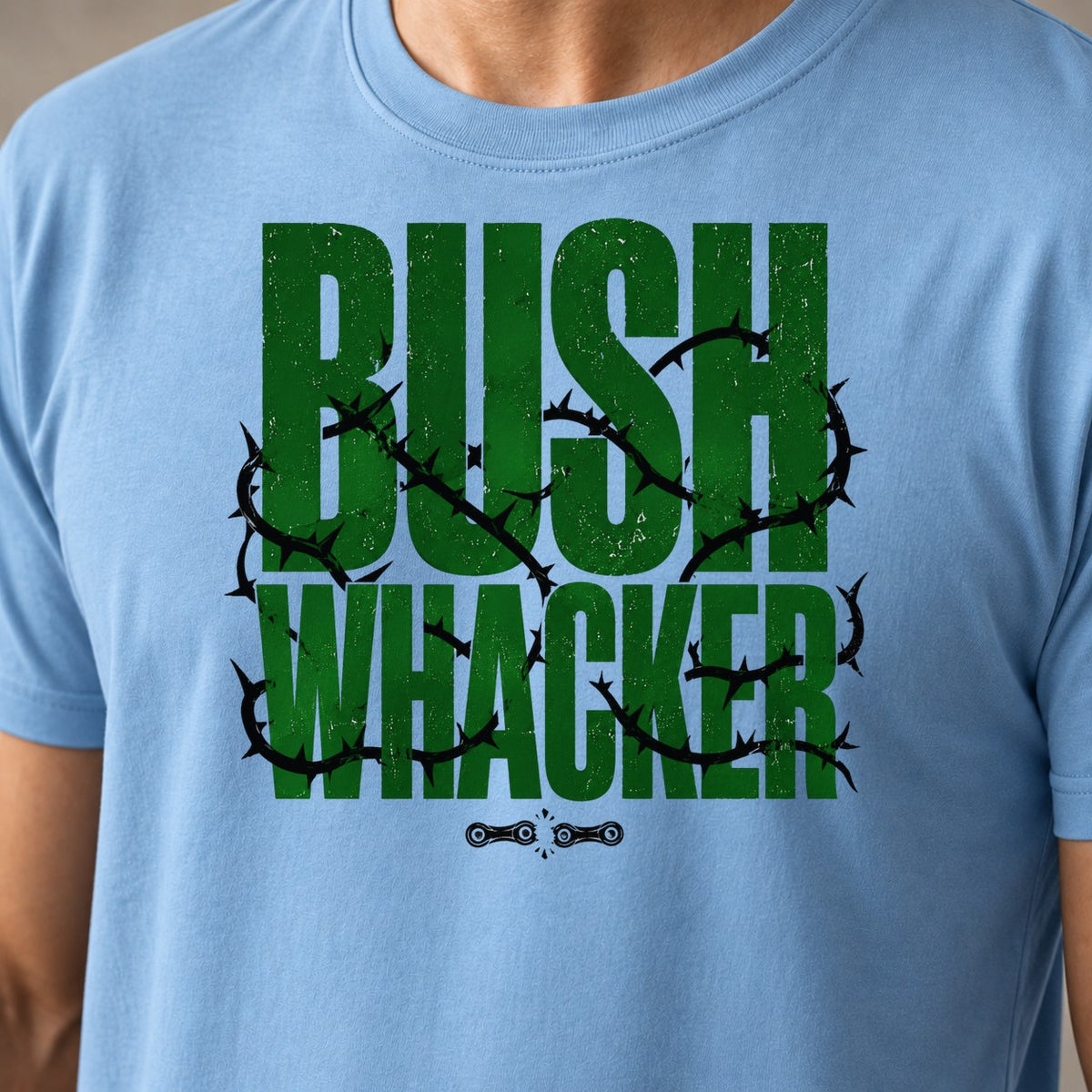 Bushwhacker And Bold funny mountain bike t-shirt in Light Blue — close-up of the print