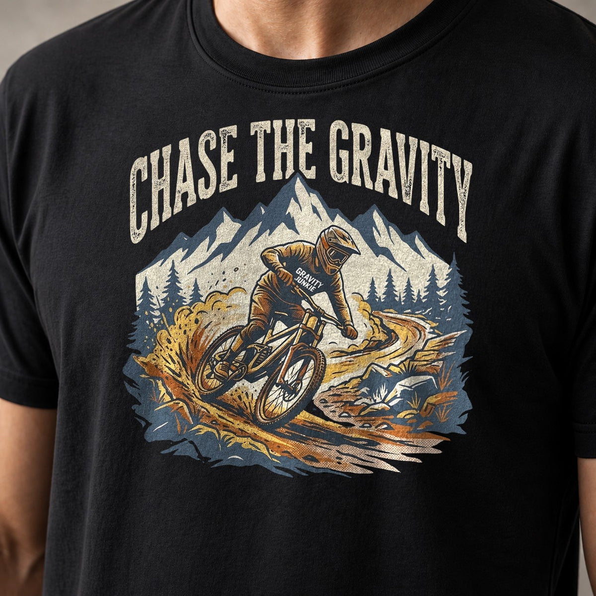 Chase The Gravity funny mountain bike t-shirt in Black — close-up of the print
