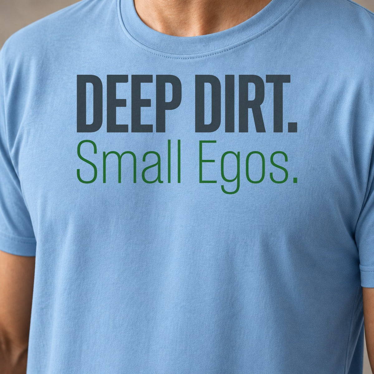 Deep Dirt Egos funny mountain bike t-shirt in Light Blue — close-up of the print
