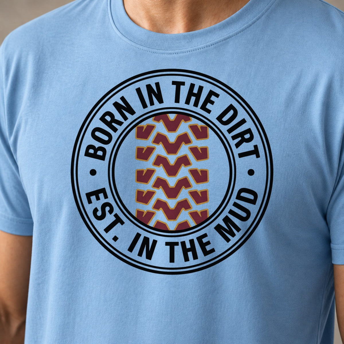 Dirt Emblem funny mountain bike t-shirt in Light Blue — close-up of the print