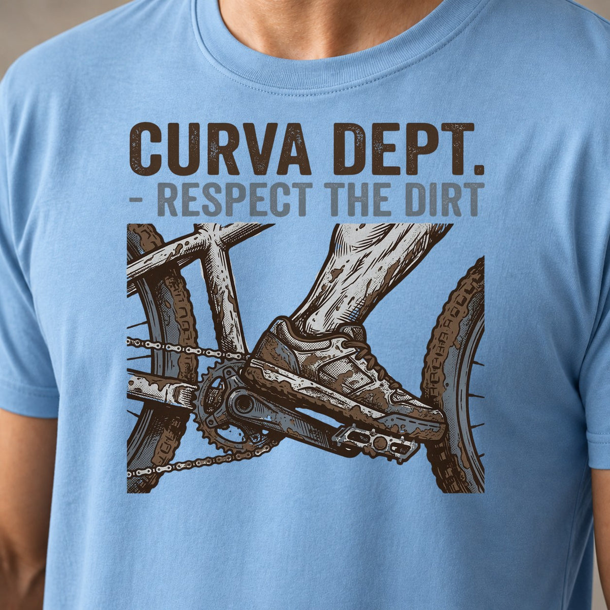 Dirt Pedal funny mountain bike t-shirt in Light Blue — close-up of the print