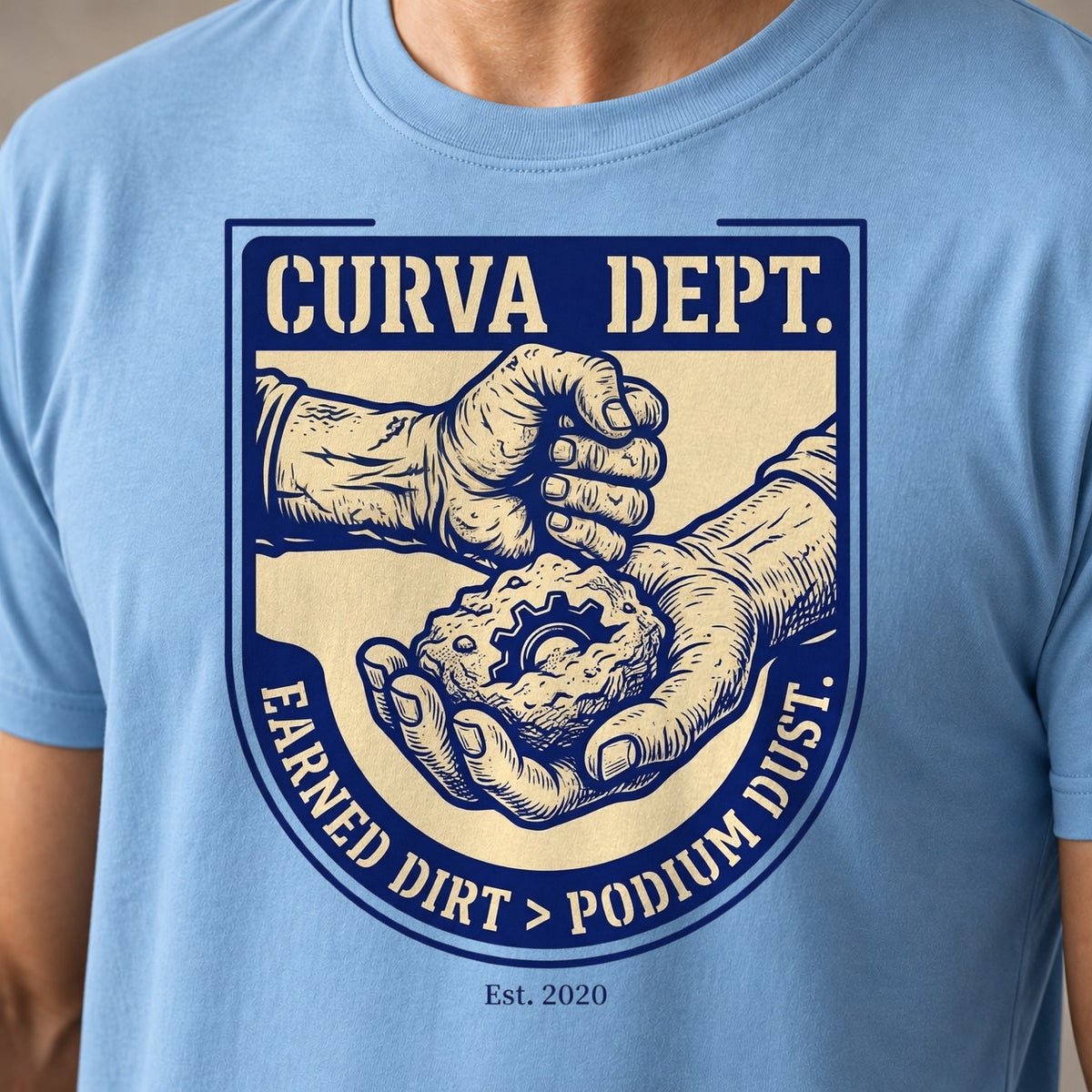 Dirt Podium Dust funny mountain bike t-shirt in Light Blue — close-up of the print