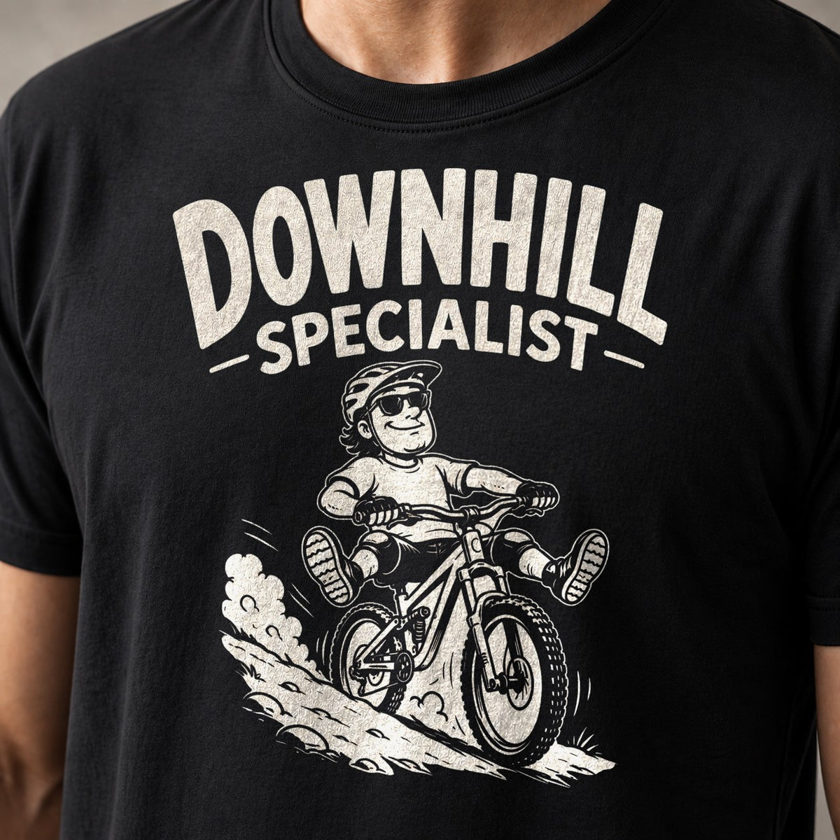 Downhill Specialist 1 funny mountain bike t-shirt in Black — close-up of the print