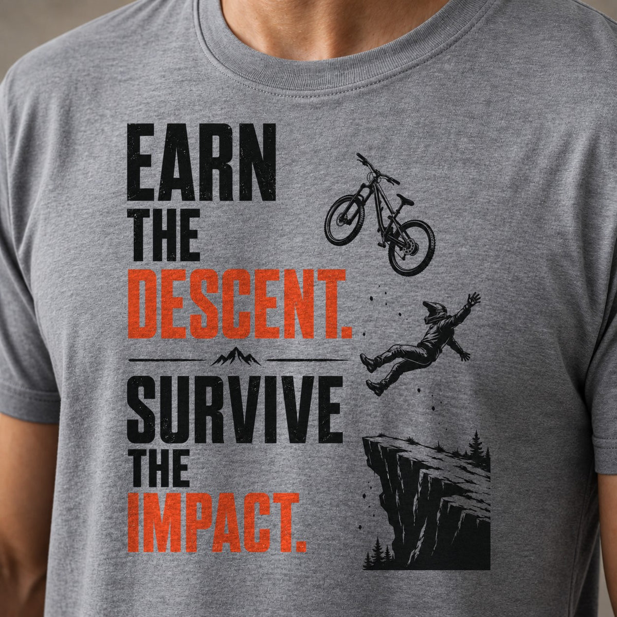 Earn And Survive funny mountain bike t-shirt in Sport Grey — close-up of the print