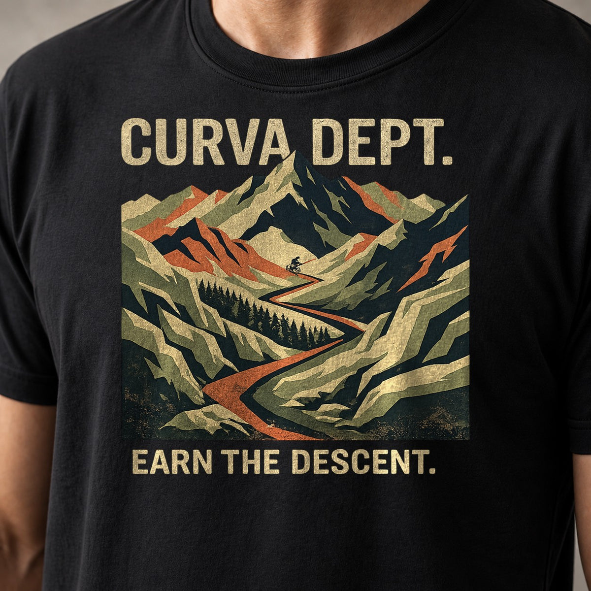 Earn The Descent funny mountain bike t-shirt in Black — close-up of the print
