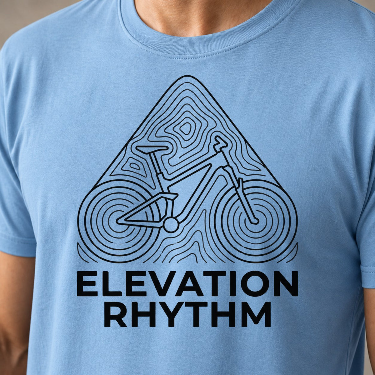 Elevation Rhythm Minimal funny mountain bike t-shirt in Light Blue — close-up of the print