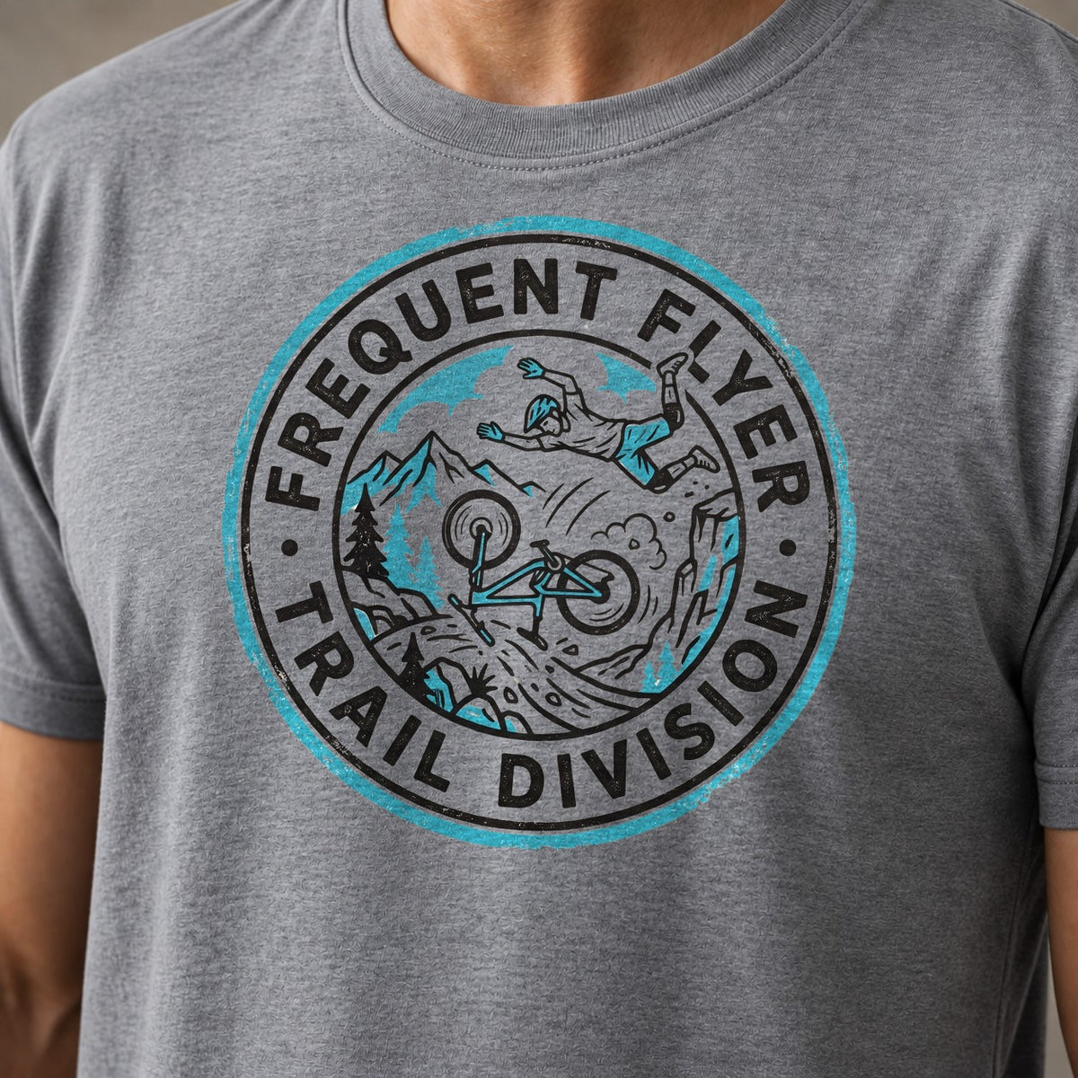 Flyer Division 1 funny mountain bike t-shirt in Sport Grey — close-up of the print