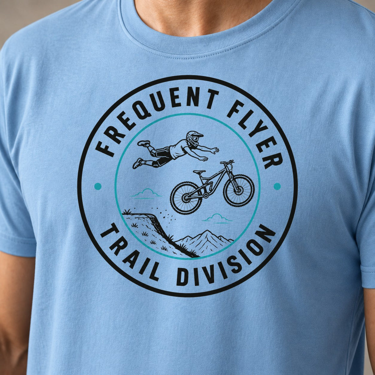Flyer Division 2 funny mountain bike t-shirt in Light Blue — close-up of the print
