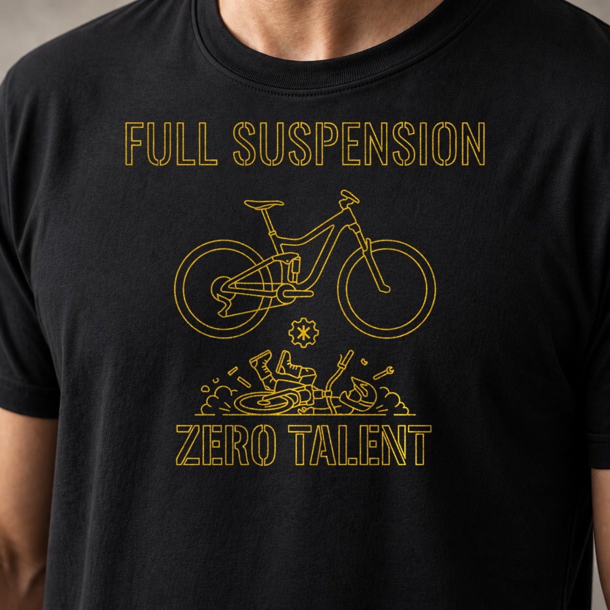 Full suspension minimal talent funny mountain bike t-shirt in Black — close-up of the print