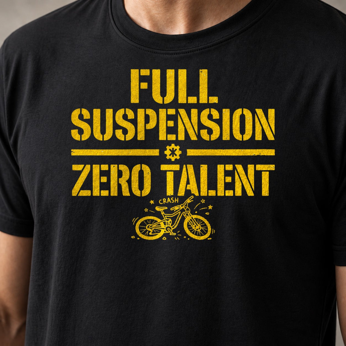 Full suspension zero talent funny mountain bike t-shirt in Black — close-up of the print
