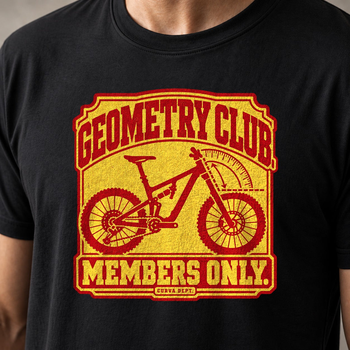 Geometry Club. Members Only. mountain bike t-shirt in Black — club badge with a full-suspension bike and a head-angle protractor — close-up of the print