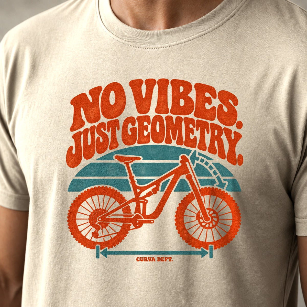 No Vibes. Just Geometry. mountain bike t-shirt in Natural — retro full-suspension bike with a head-angle protractor and wheelbase arrow — close-up of the print