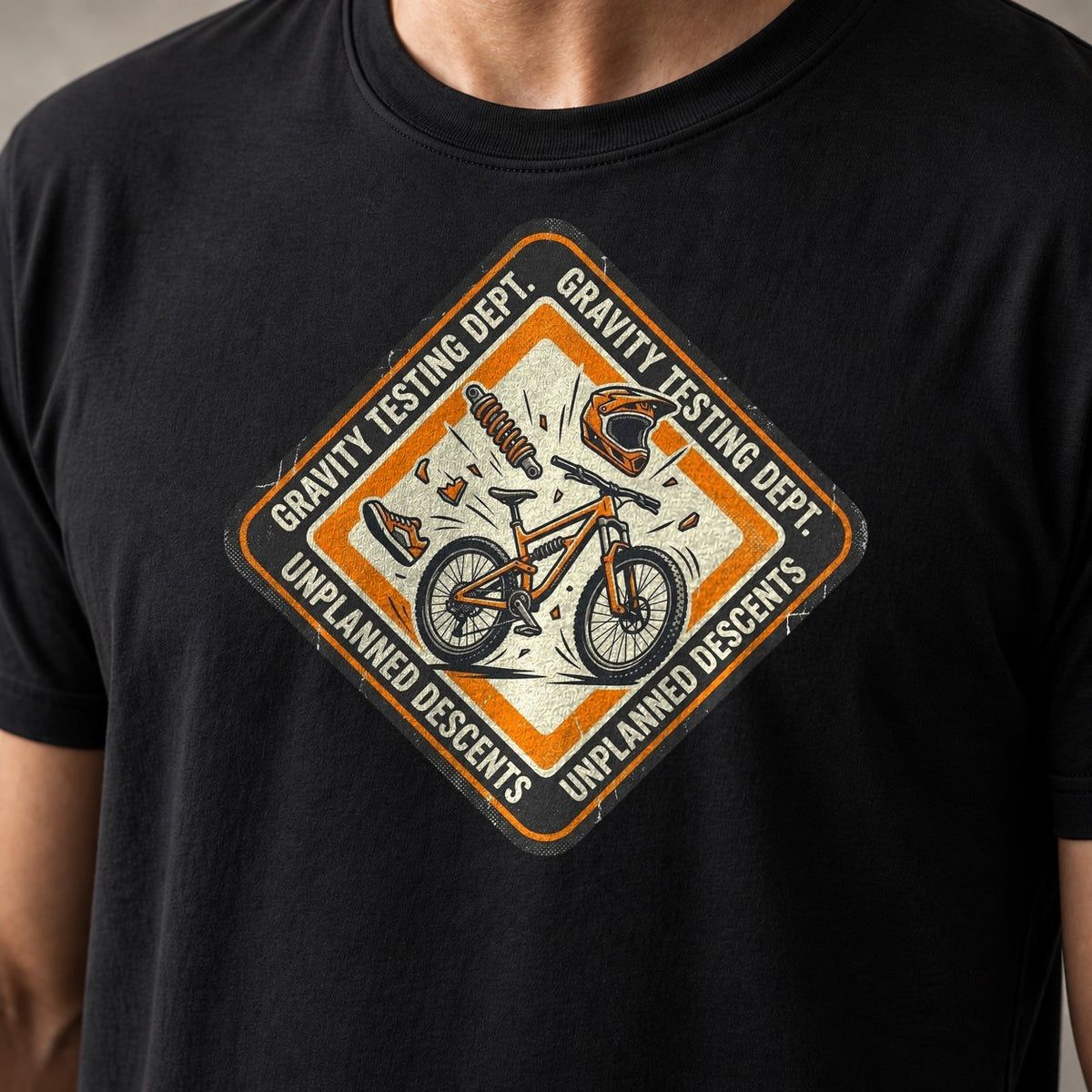 Gravity Testing Dept. funny mountain bike t-shirt in Black — close-up of the print
