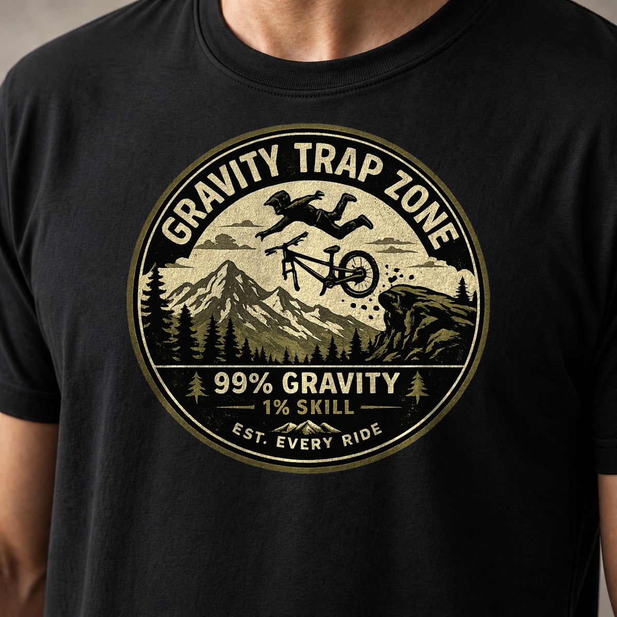 Gravity Trap Zone funny mountain bike t-shirt in Black — close-up of the print