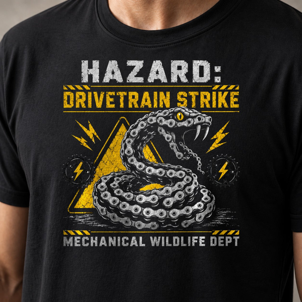 Hazard Drivetrain Strike funny mountain bike t-shirt in Black — close-up of the print