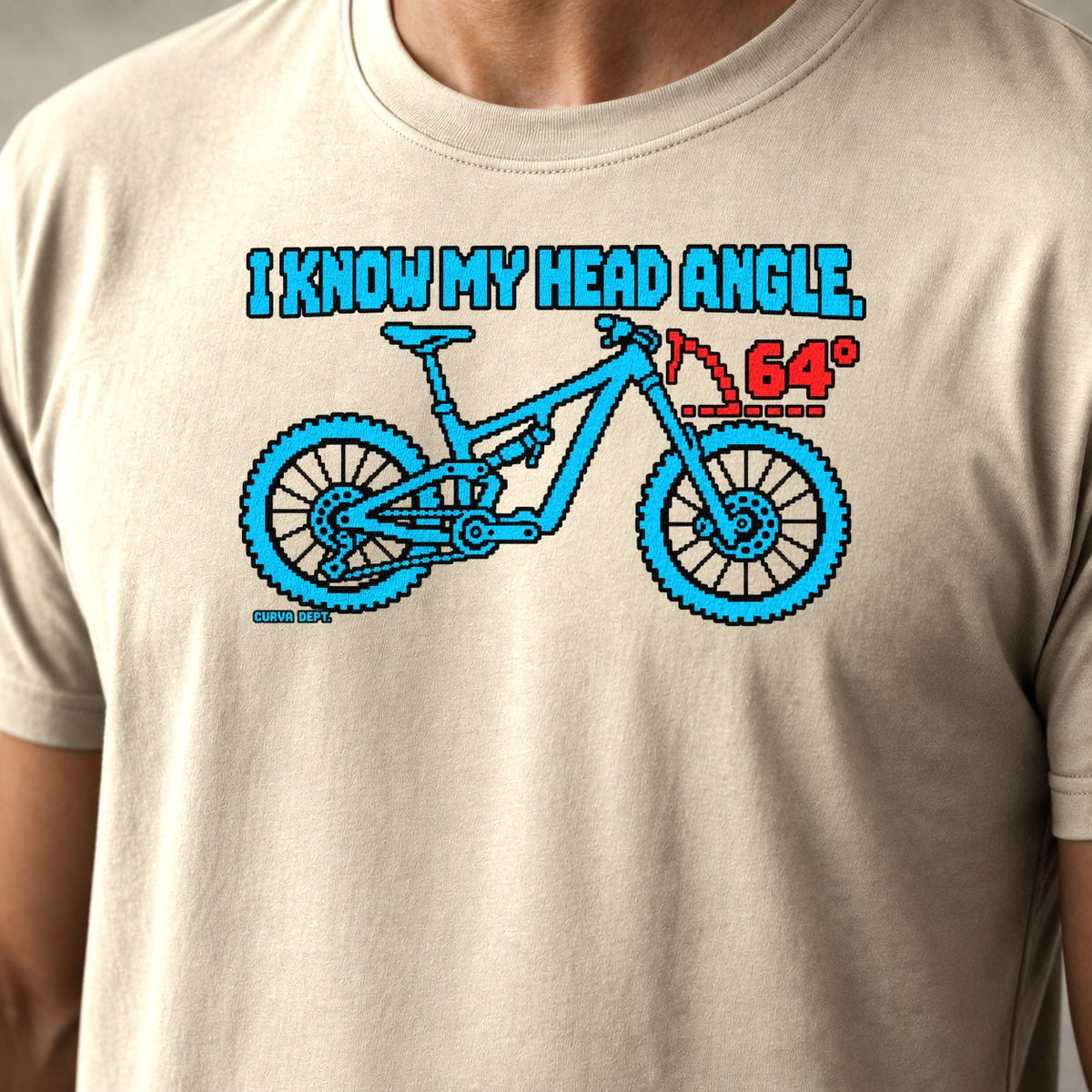 I Know My Head Angle. mountain bike t-shirt in Natural — cartoon full-suspension bike with the 64° head angle marked — close-up of the print