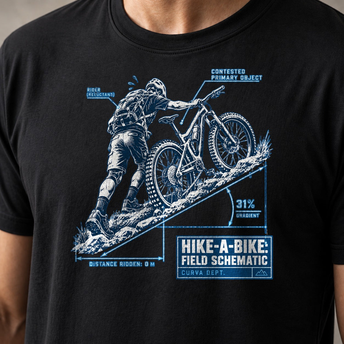 Hike-A-Bike Field Schematic funny mountain bike t-shirt in Black — blueprint diagram of a rider pushing a bike up a 31% gradient, distance ridden 0 m — close-up of the print