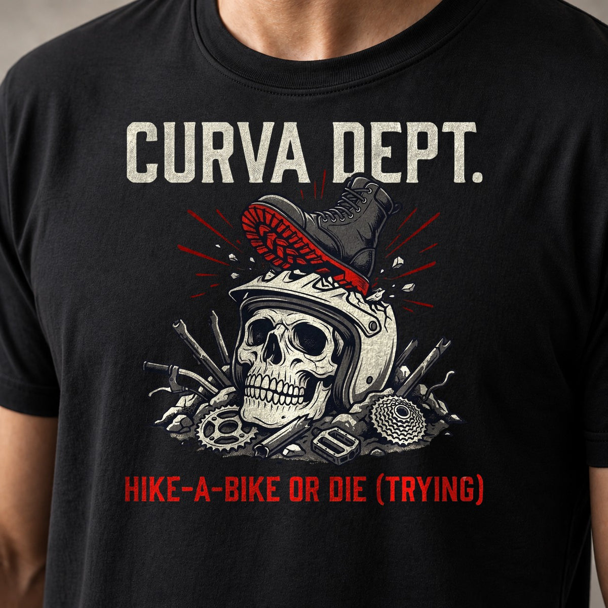 Hike-A-Bike Die Trying funny mountain bike t-shirt in Black — close-up of the print