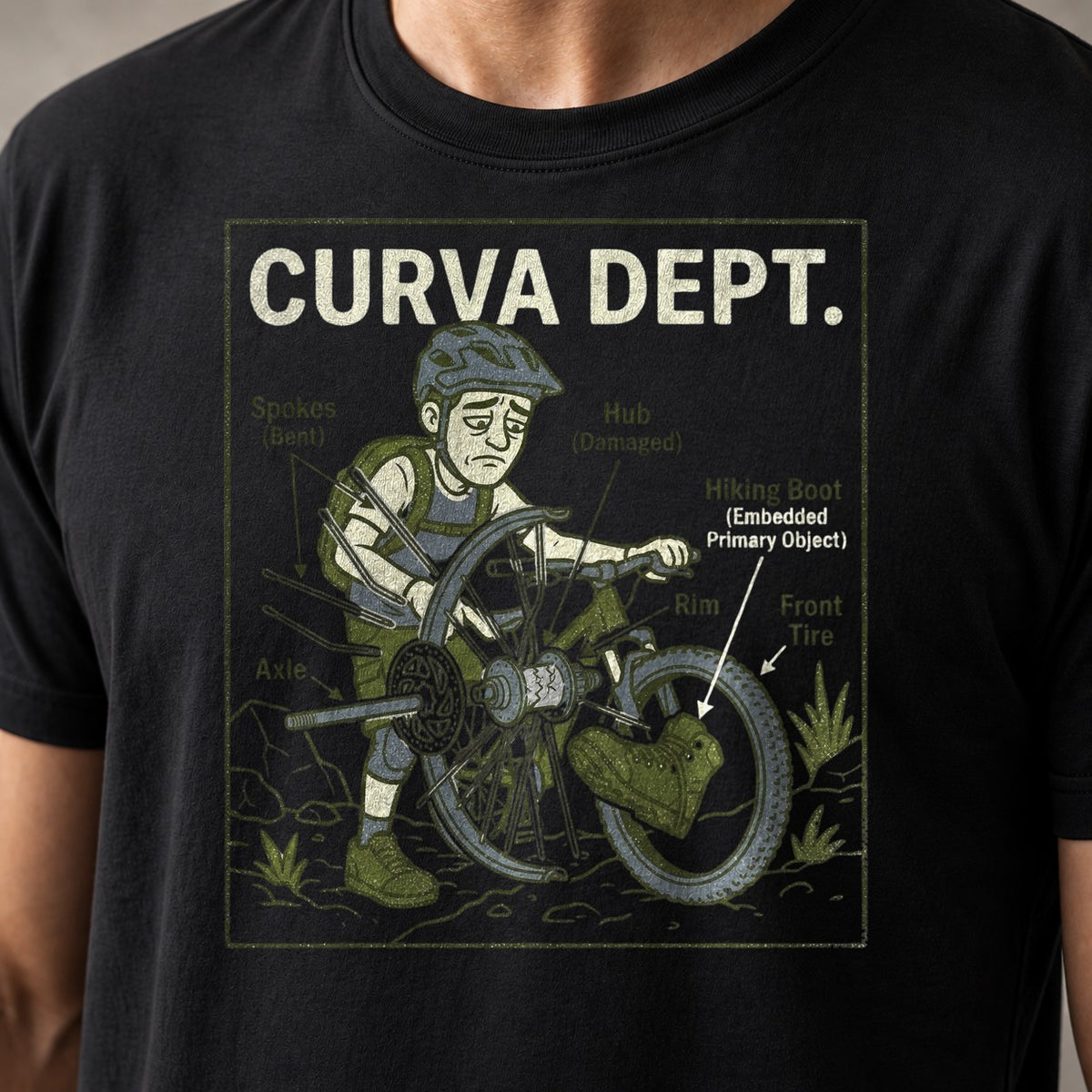 Hike-A-Bike Schematic funny mountain bike t-shirt in Black — close-up of the print