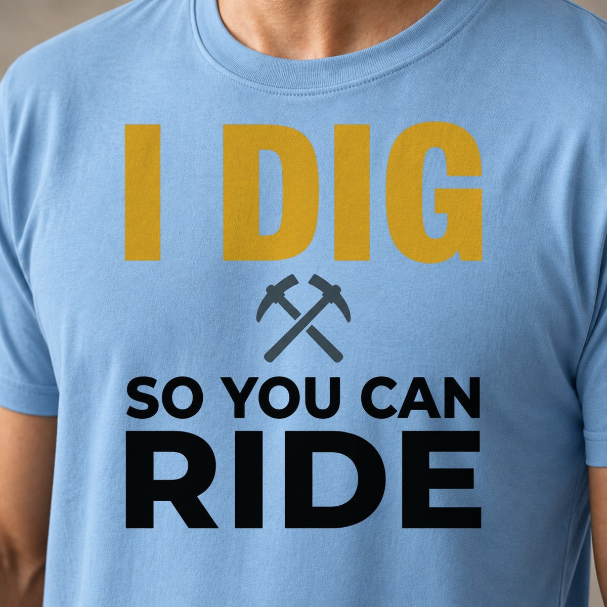 I Dig Ride funny mountain bike t-shirt in Light Blue — close-up of the print