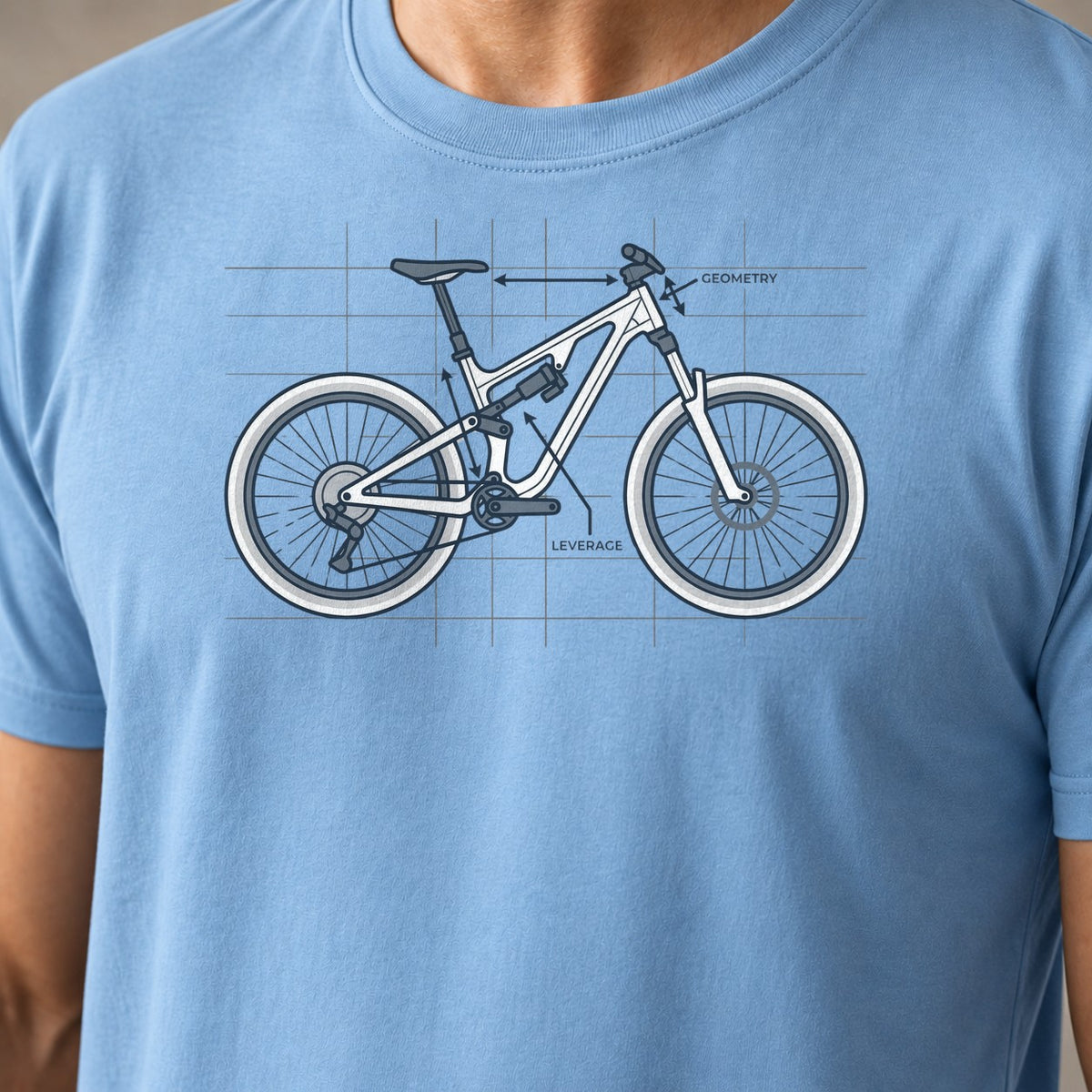 MTB Blueprint funny mountain bike t-shirt in Light Blue — close-up of the print