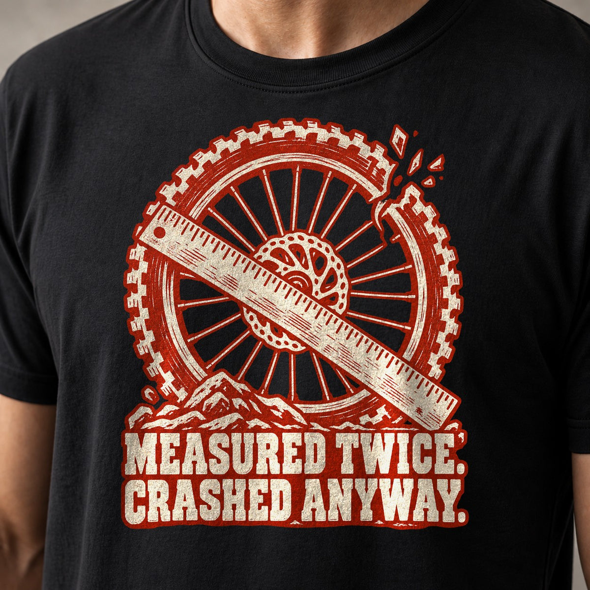Measured Twice. Crashed Anyway. funny mountain bike t-shirt in Black — woodcut wheel and ruler with a cracked rim — close-up of the print