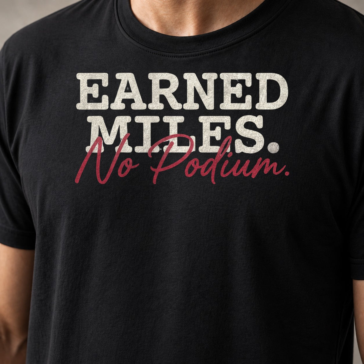 Miles No Podium funny mountain bike t-shirt in Black — close-up of the print