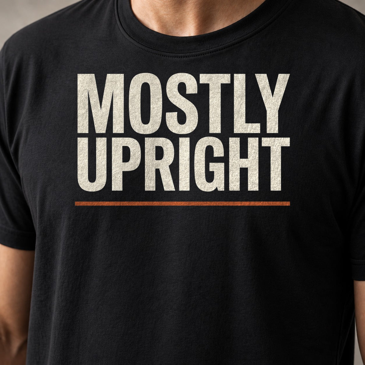 Mostly upright funny mountain bike t-shirt in Black — close-up of the print