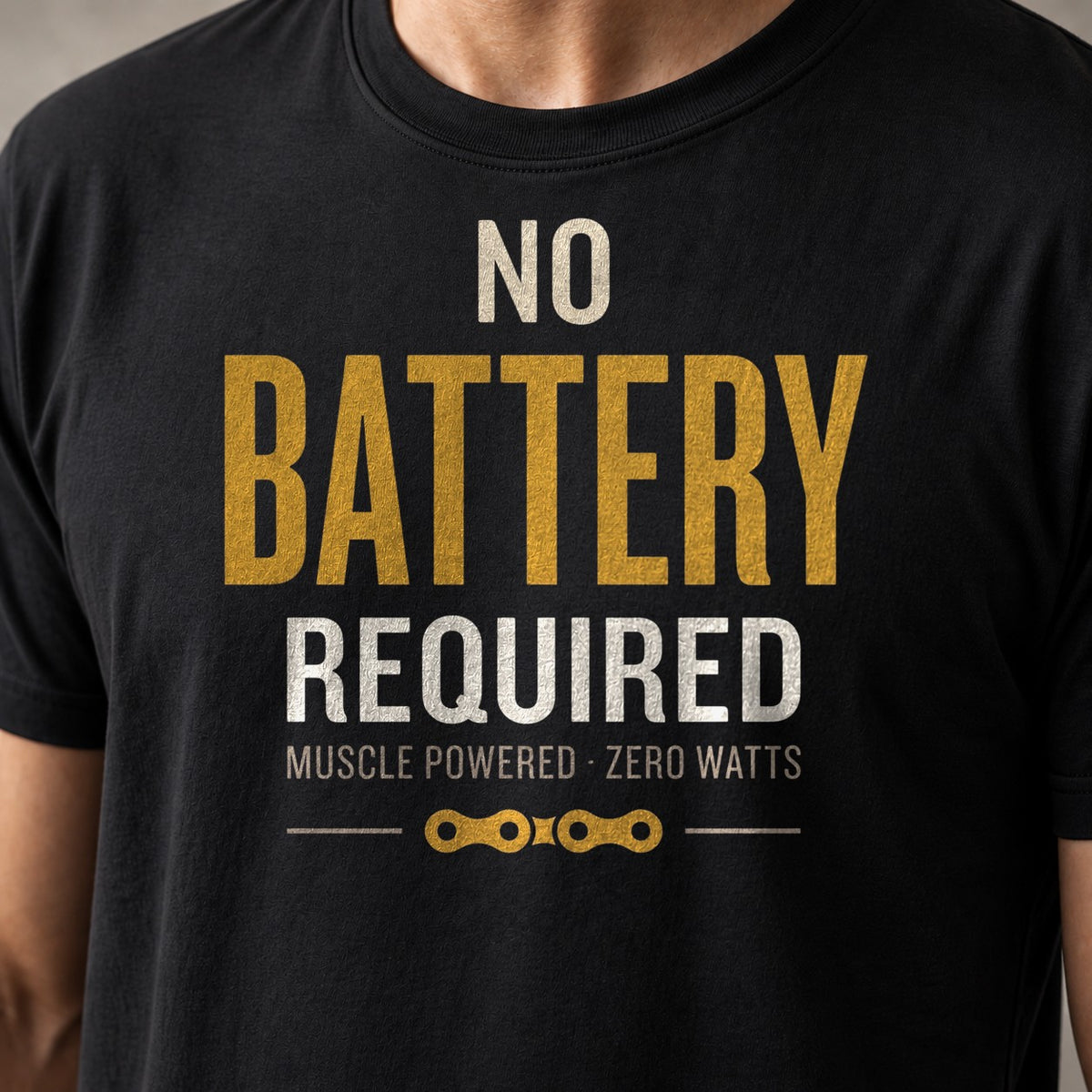 No battery required 1 funny mountain bike t-shirt in Black — close-up of the print