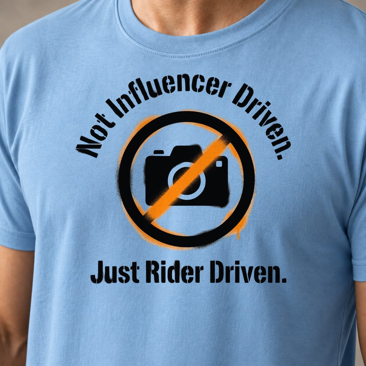 Not Influencer Driven funny mountain bike t-shirt in Light Blue — close-up of the print