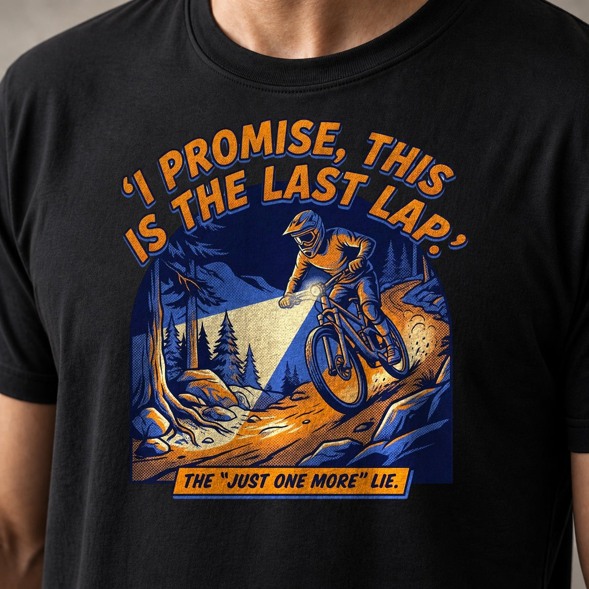 One More Lie funny mountain bike t-shirt in Black — close-up of the print