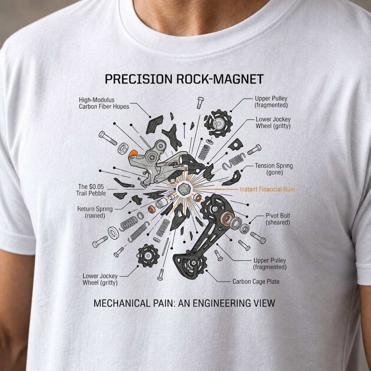 Precision Rock Magnet funny mountain bike t-shirt in White — close-up of the print