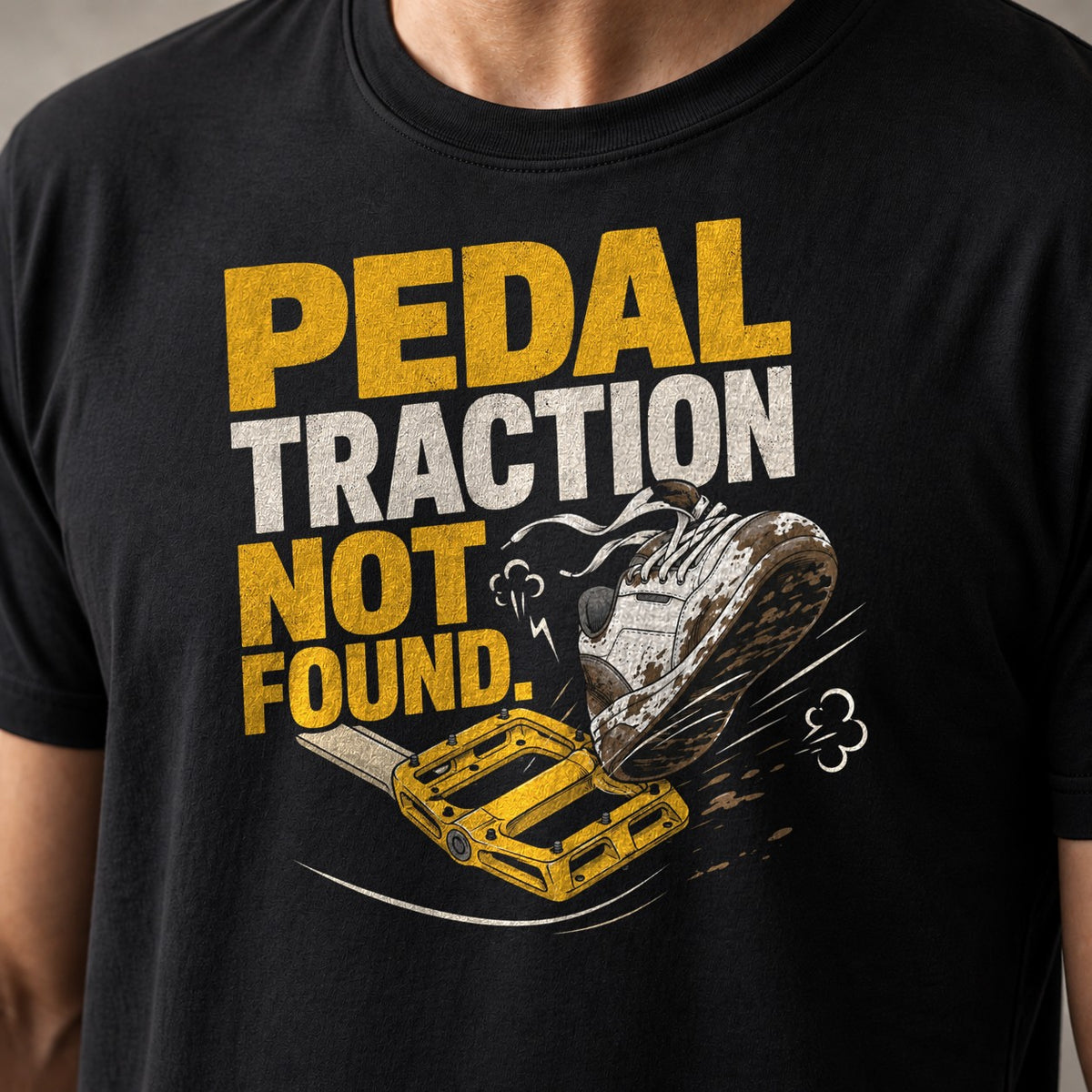 Traction Not Found funny mountain bike t-shirt in Black — close-up of the print