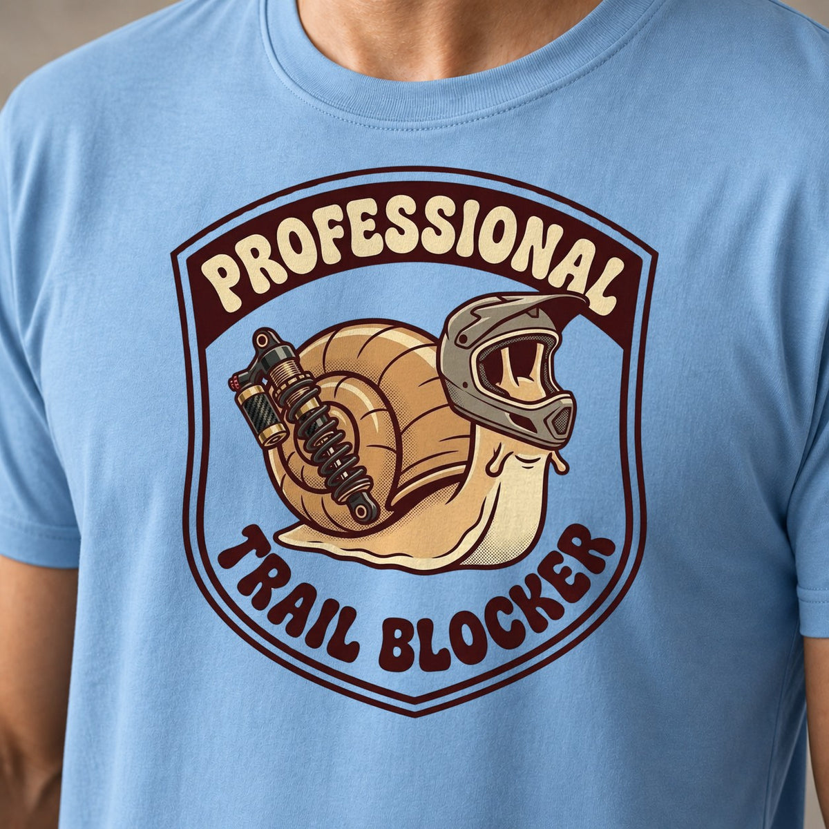 Trail Blocker V2 funny mountain bike t-shirt in Light Blue — close-up of the print