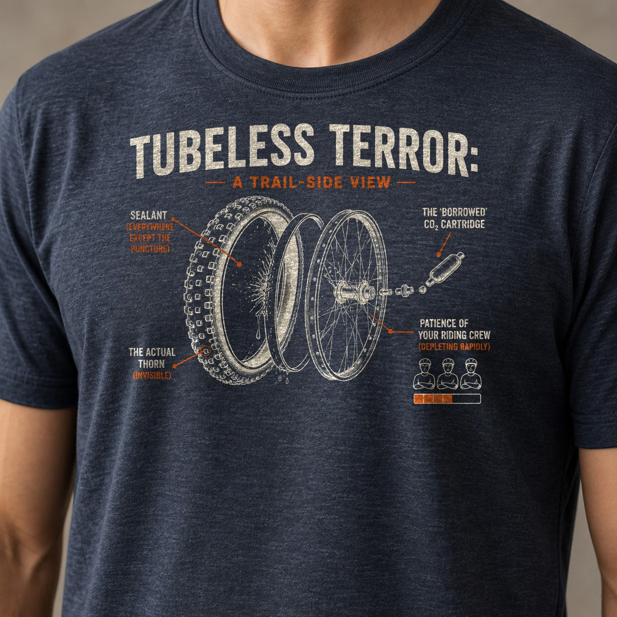 Tubeless terror funny mountain bike t-shirt in Heather Navy — close-up of the print