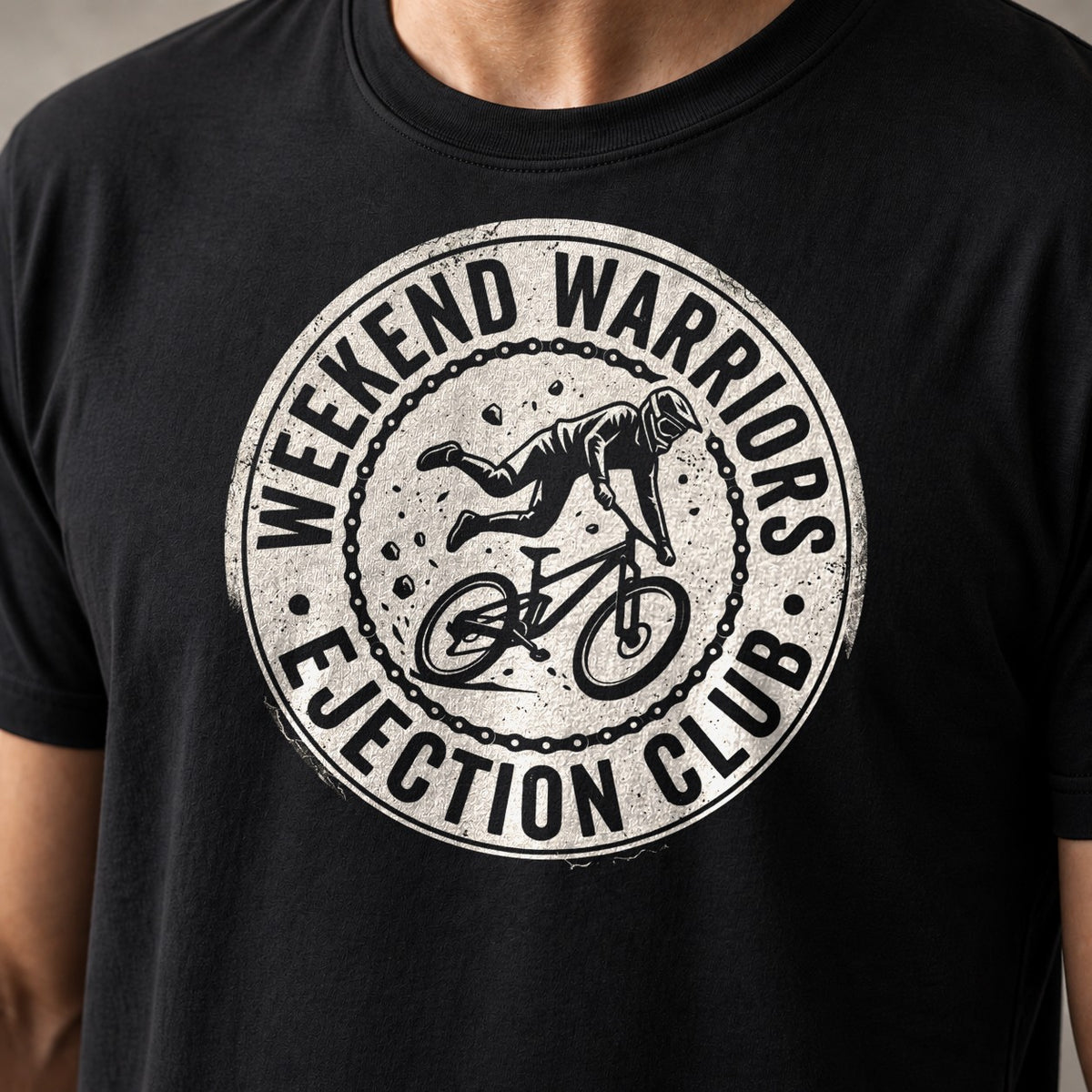 Weekend Warrior Ejection funny mountain bike t-shirt in Black — close-up of the print