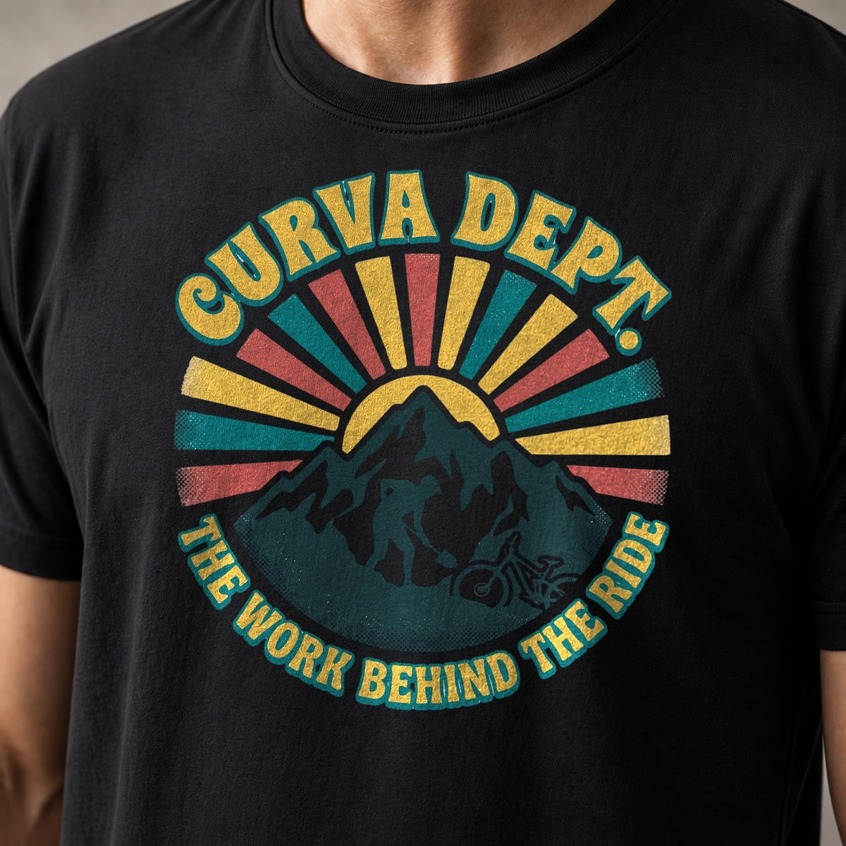 Work Behind Ride funny mountain bike t-shirt in Black — close-up of the print