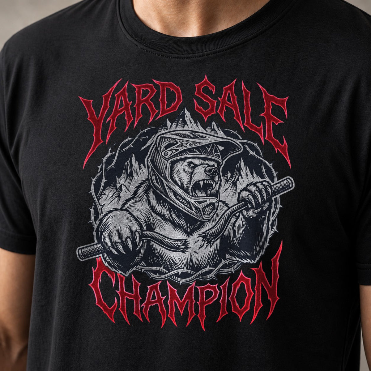 Yard Sale Champion funny mountain bike t-shirt in Black — close-up of the print