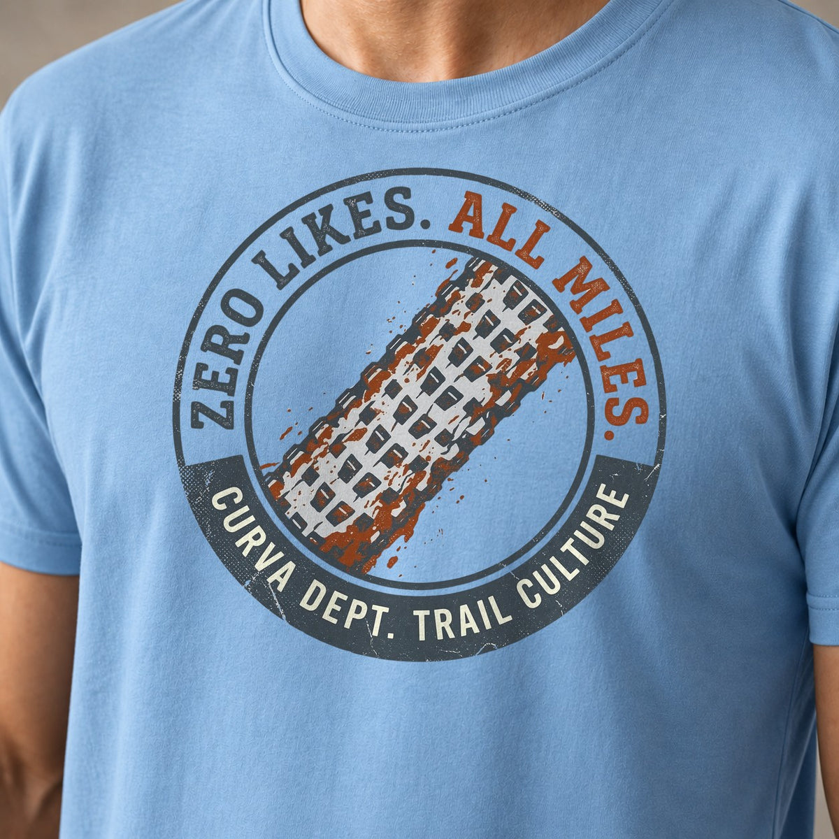 Zero Likes Miles funny mountain bike t-shirt in Light Blue — close-up of the print